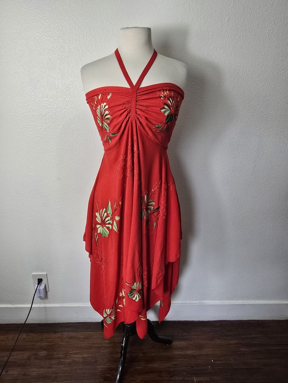 Red Floral Halter High-Low Dress - Women Vacation, Summer.